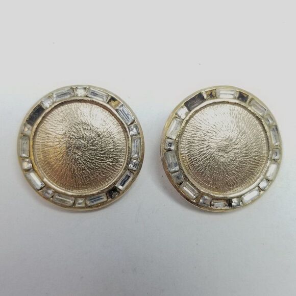 Vintage Berger Rhinestone Clip On Earrings, Gold Tone Round Shape 50s Style - Picture 7 of 7